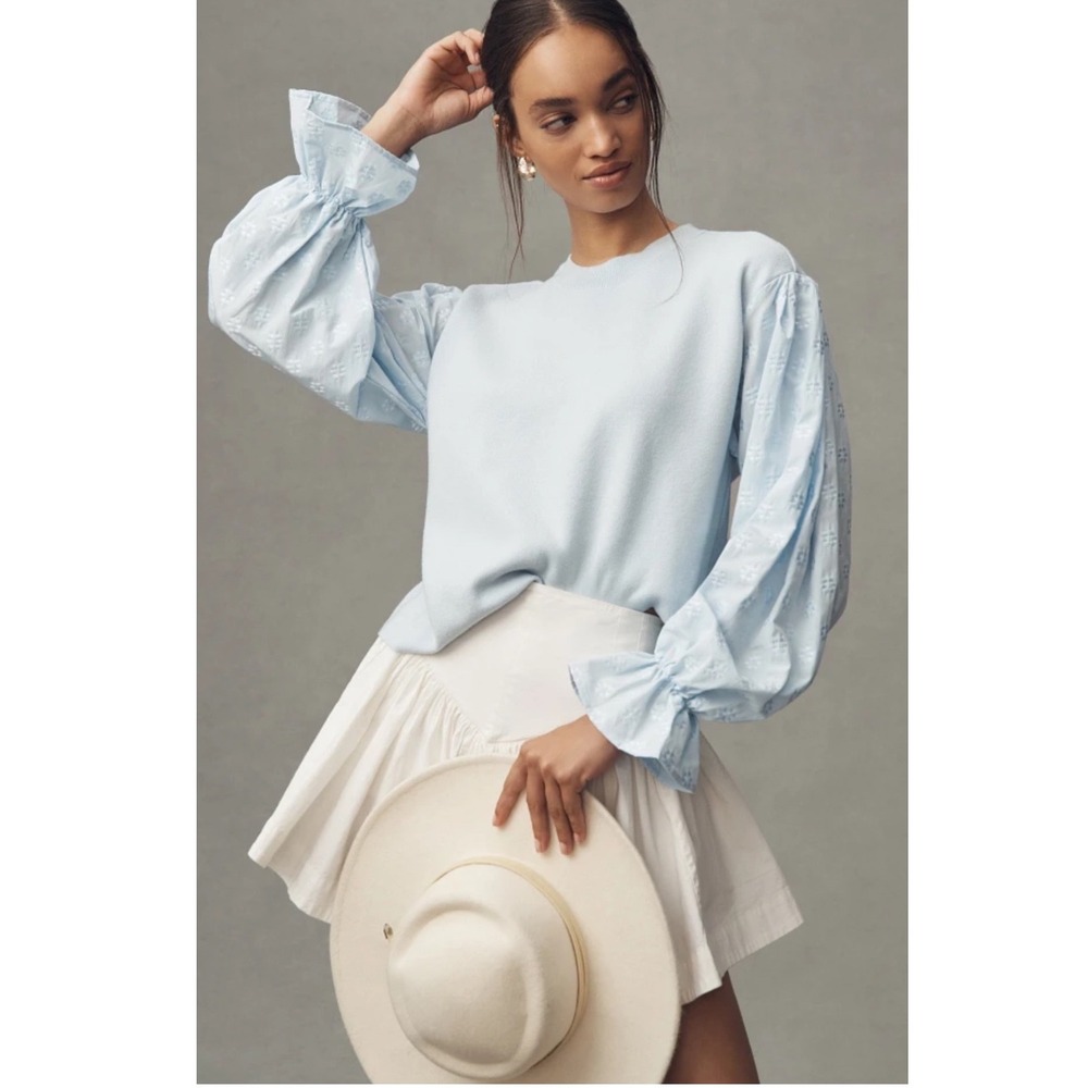 Anthropologie Cottagecore Puff Sleeve Sweater Blue Romantic Top M
